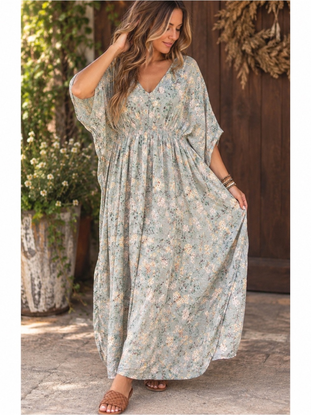 Natural Life Sanibel Floral Kaftan Maxi Dress Size M Boho Cottagecore